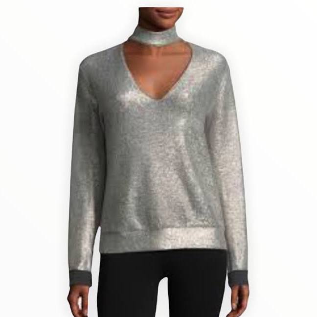 Bailey 44 A-List Top Silver Foil Lame Open Neck Cutout Turtleneck